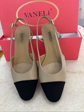 Vaneli Beige and Black Slingback Heels